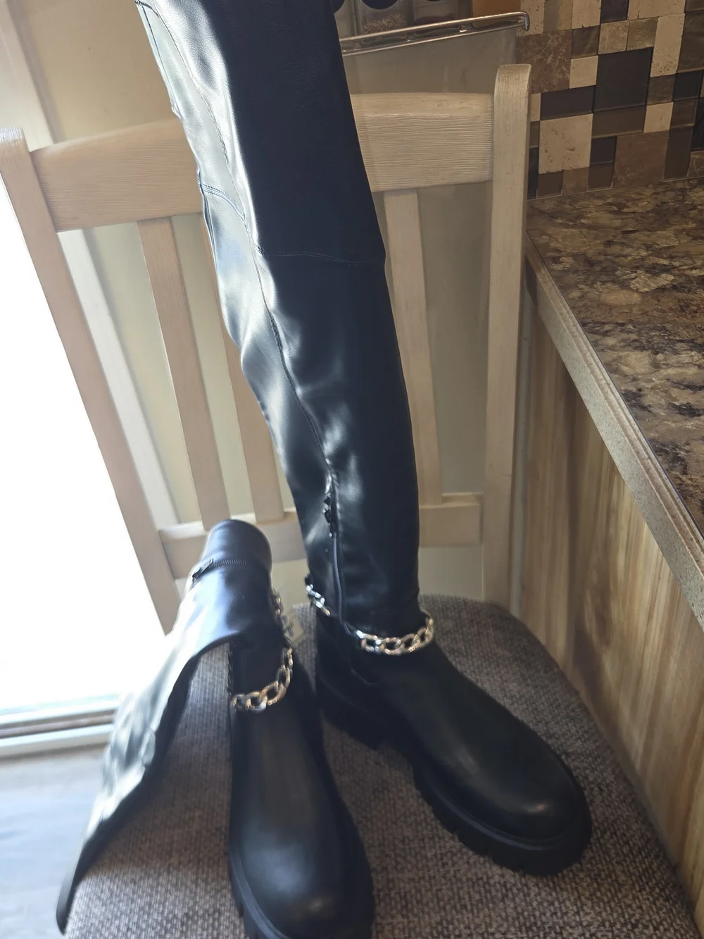 G by Guess Black Over-the-Knee Boots with Chain Accent
